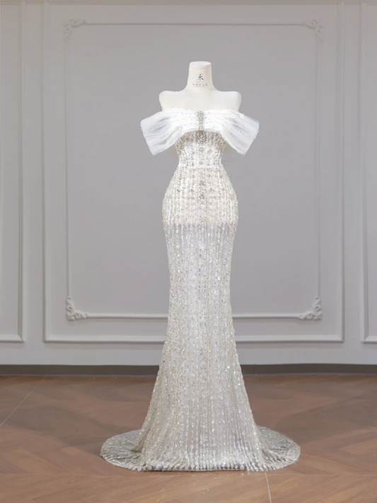 White, sparkling, off-the-shoulder, fitted, bodycon long ball gown/bridal dress R8267