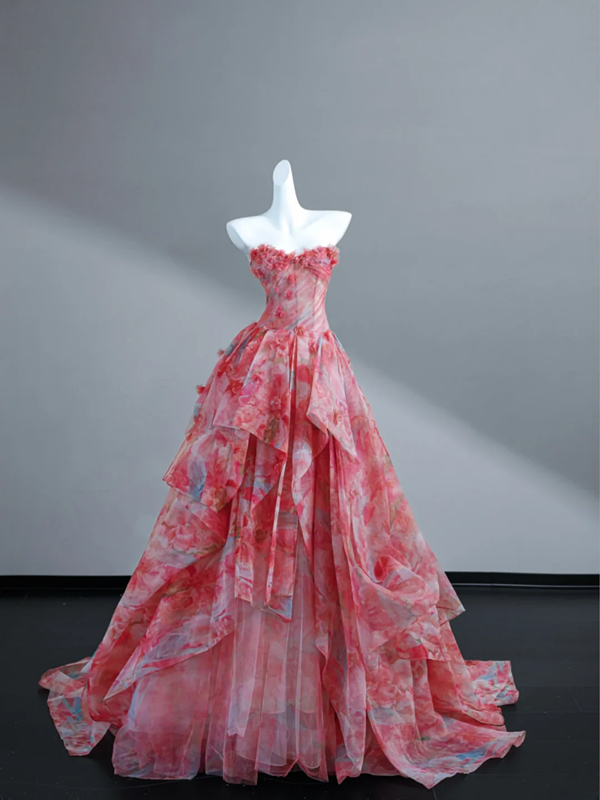 Pink floral tube top waist A-line long skirt, prom dress R5636