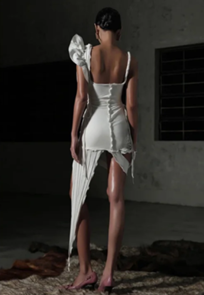 White suspender design, slim waist, irregular skirt, elegant short skirt, homecoming dress R4607