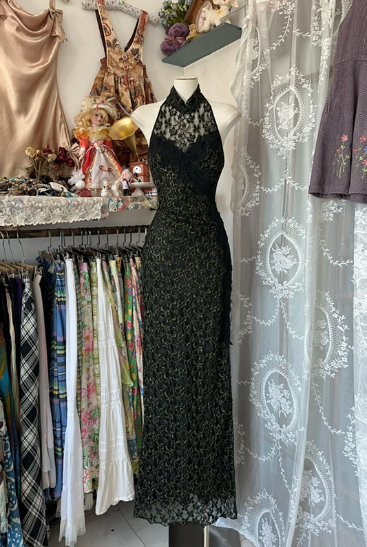 Black halter-neck sleeveless lace fitted long dress, ball gown R6307