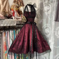 Deep red halter neck, fitted waist, full skirt, mid-length ball gown R7853
