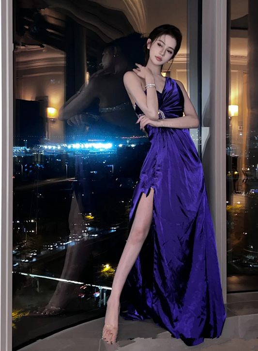 Purple One-Shoulder Waist-Cinched Fitted High-Slit Floor-Length Sexy Prom Dress R7106