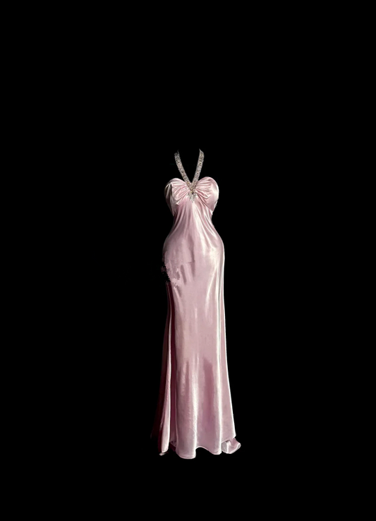 Pink halter neck fitted waist sexy long ball gown R6627