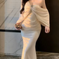 Apricot-colored sexy shawl-style fitted waist bodycon long ball gown R6228