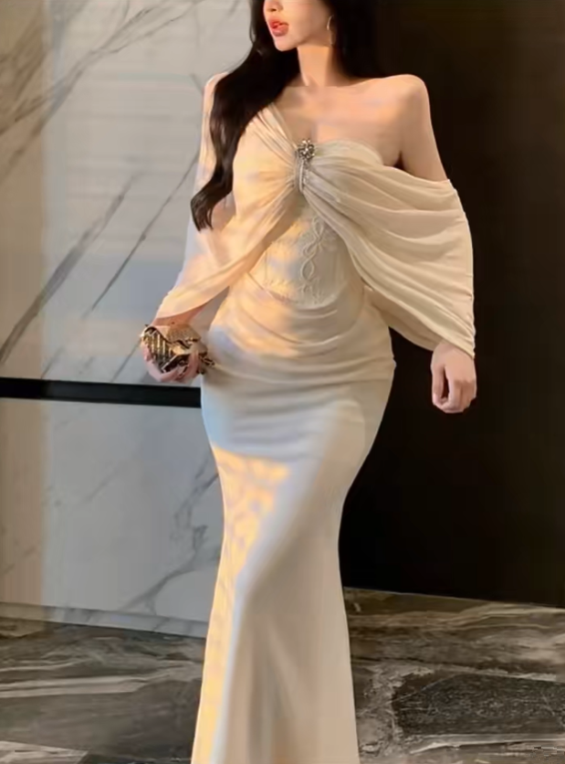 Apricot-colored sexy shawl-style fitted waist bodycon long ball gown R6228