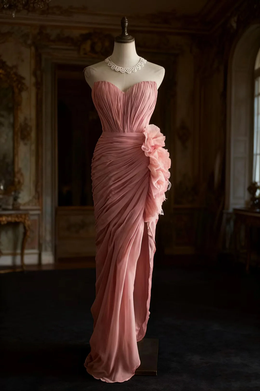 Pink strapless, fitted waist, sexy pleated long ball gown R6707