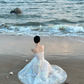 White sheer spaghetti‑strap waist‑cinched slim‑fit appliqué long prom gown, wedding dress R8012