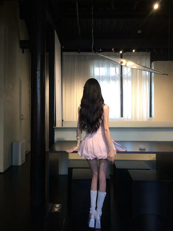 Pink suspender waist slim fit flower bud skirt short skirt homecoming dress R5094