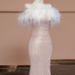 Light pink off-the-shoulder feather neckline, fitted waist, bodycon skirt, long ball gown/bridal dress R8297