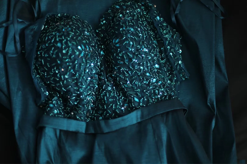 Dark green sequined halter-neck fitted long ball gown R6786