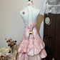 Pink halter neck slim waist flower bud cute short skirt homecoming dress R4243
