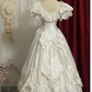 White Vintage Court-Style Satin Waist-Cinched Slim-Fit Floor-Length Ball Gown, Bridal Gown R7352
