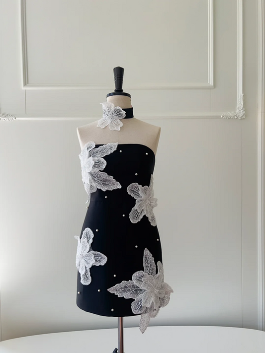 Black tube top waist slim fit three-dimensional lace flower design short skirt homecoming dress R5016