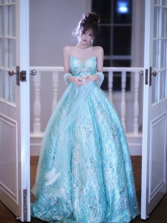 Light blue strapless, fitted waist, backless, sexy, long ball gown with a flared skirt R7066