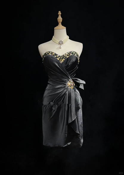 Black tube top diamond waist design sense slimming short dress homecoming dress R4894