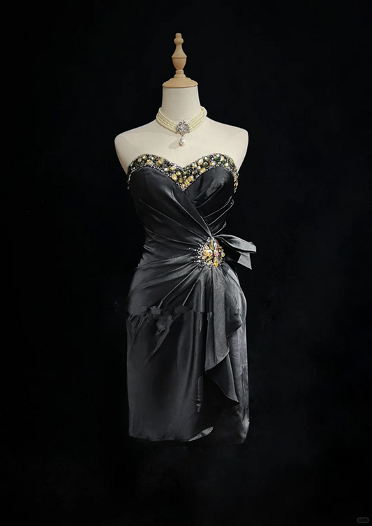 Black tube top diamond waist design sense slimming short dress homecoming dress R4894