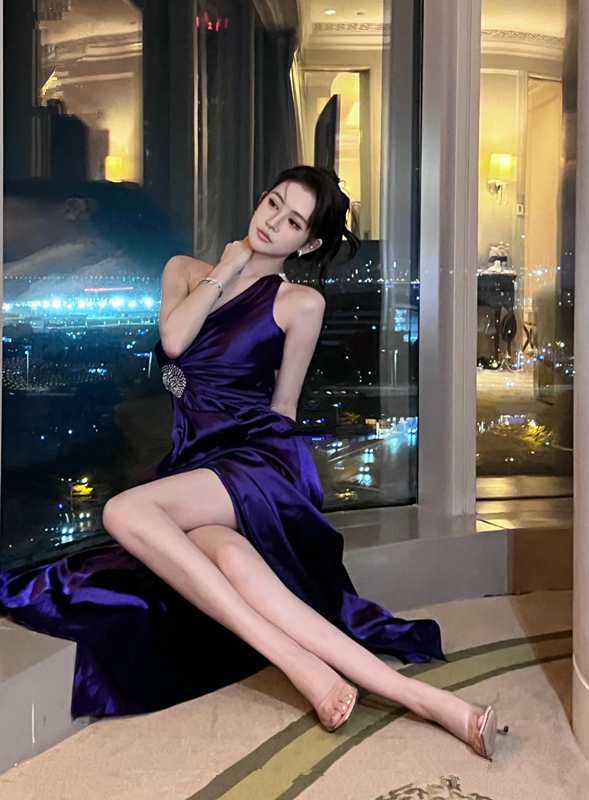 Purple One-Shoulder Waist-Cinched Fitted High-Slit Floor-Length Sexy Prom Dress R7106