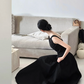 Black spaghetti strap, waist‑cinched, slim‑fit long elegant prom dress R7972
