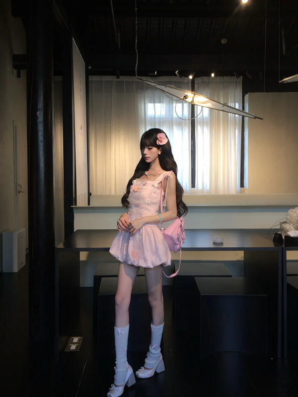 Pink suspender waist slim fit flower bud skirt short skirt homecoming dress R5094