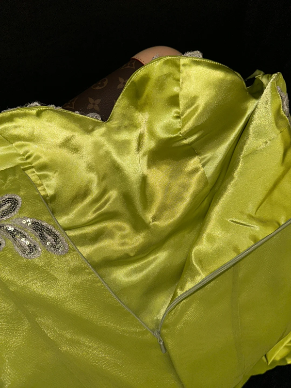 Yellow-green strapless, fitted, bodycon, mermaid-style long ball gown R6986