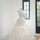 Nude pink lining, white lace strapless bodice, fitted waist, full skirt, long ball gown/bridal dress R8538