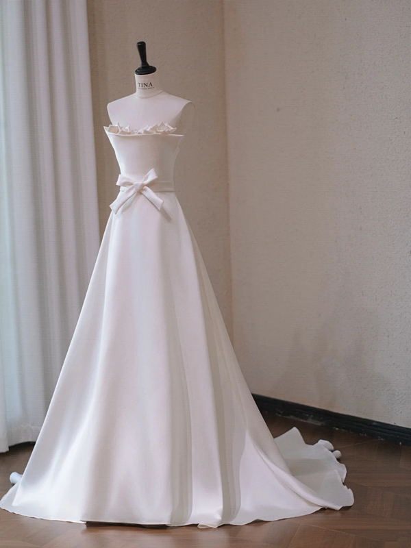 White satin tube top floral design waist slim A-line maxi bridal gown R5713