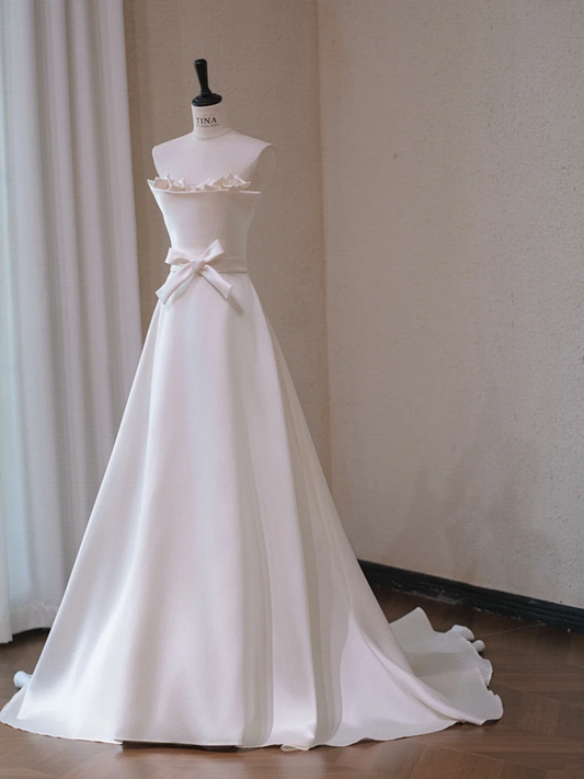 White satin tube top floral design waist slim A-line maxi bridal gown R5713