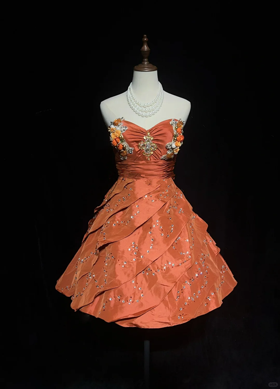 Orange halter top waist slim fit A-line princess skirt homecoming dress R4975