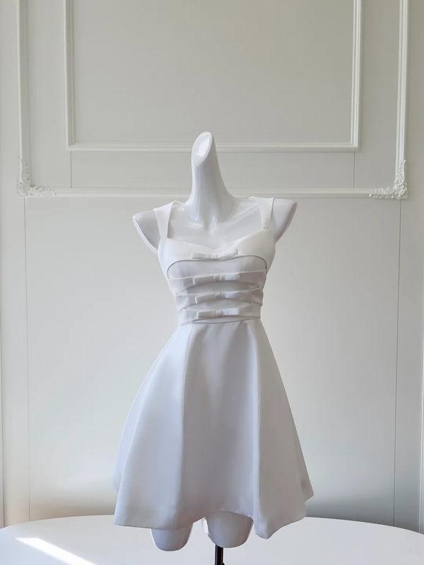 White halter chest butterfly design waist slim A-line short skirt homecoming dress R5056