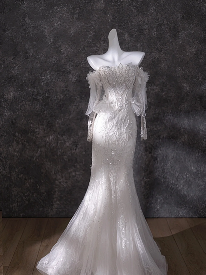 White diamond one-shoulder slim waist hip fishtail dress bridal gown R5830
