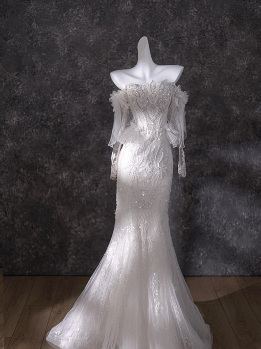 White diamond one-shoulder slim waist hip fishtail dress bridal gown R5830