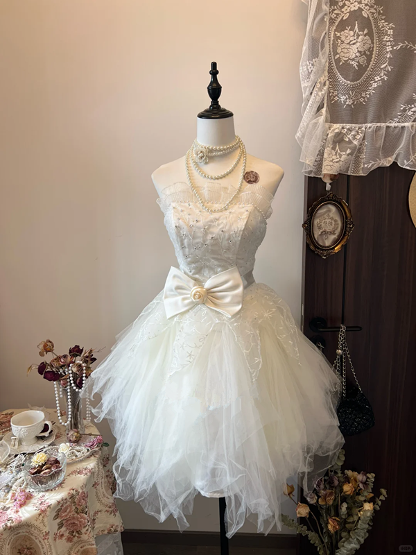 White satin tube top waist slim irregular tulle skirt short skirt homecoming dress R4285