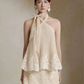 Brown Halter Neck Lace Top A-Line Sequined Skirt Homecoming Dress R4770