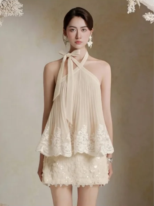 Brown Halter Neck Lace Top A-Line Sequined Skirt Homecoming Dress R4770