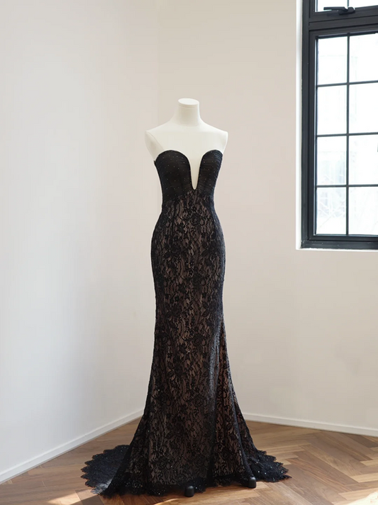 Black strapless fitted lace long ball gown R8472