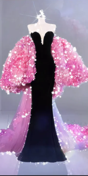 Black strapless dress with pink shawl, fitted waist, fishtail long ball gown R6467