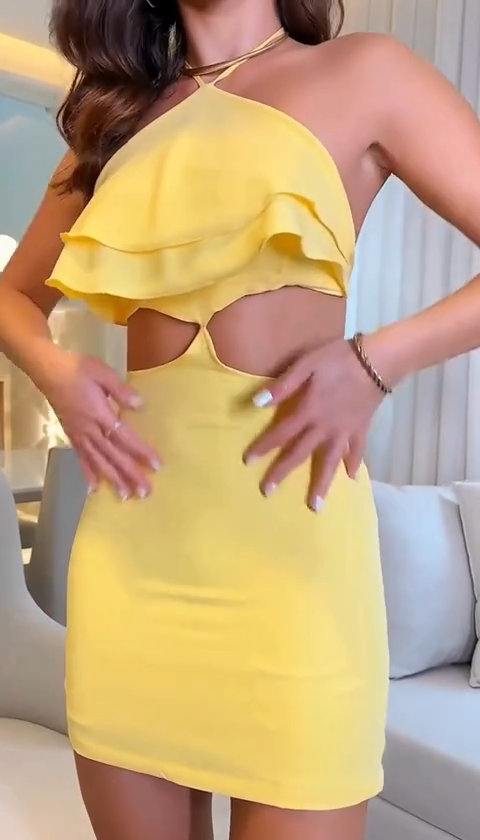 Yellow halter neck waist backless sexy hip skirt homecoming dress R5596