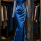 Dark blue one-shoulder slim waist satin elegant hip-wrapped maxi ball gown R6086