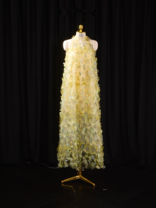 Light yellow sleeveless straight-cut long ball gown, bridal dress R8903