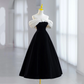 Minimalist Black Homecoming Dress , Satin Off-the-shoulder Corset Midi Evening Dress RS1449