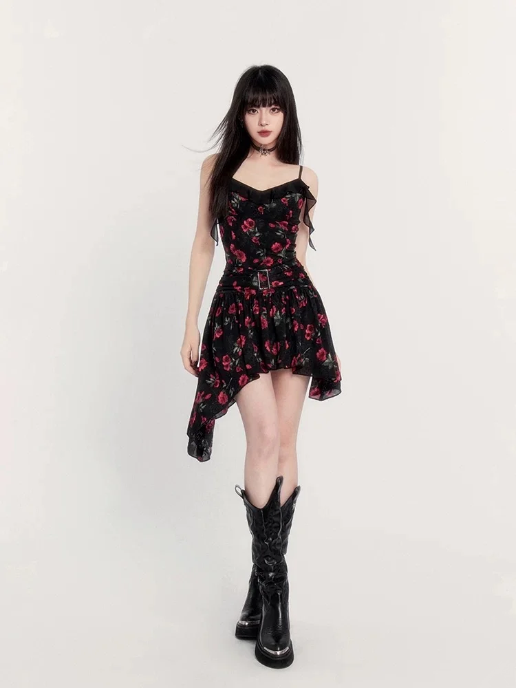Black suspenders, pink florals, slim waist, irregular skirt, homecoming dress R5277