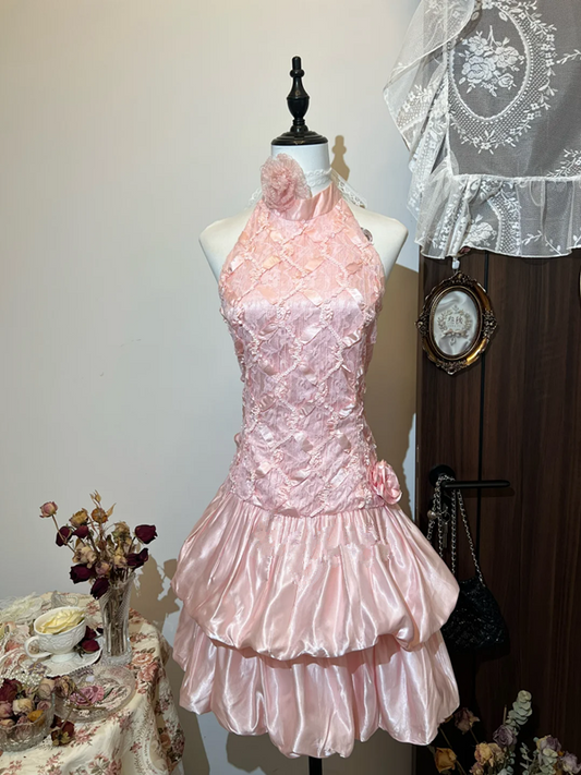 Pink halter neck slim waist flower bud cute short skirt homecoming dress R4243