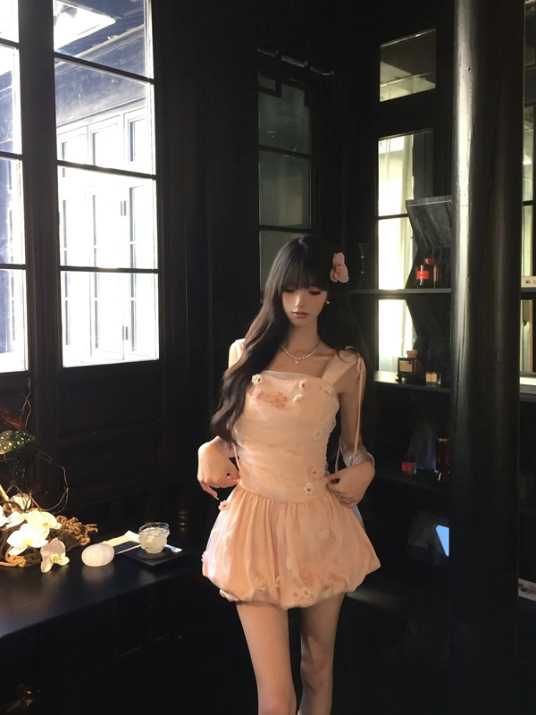 Pink suspender waist slim fit flower bud skirt short skirt homecoming dress R5094