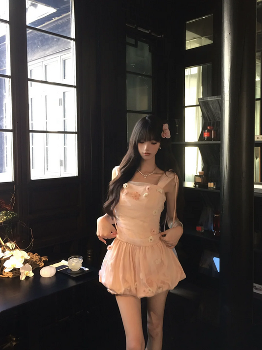 Pink suspender waist slim fit flower bud skirt short skirt homecoming dress R5094