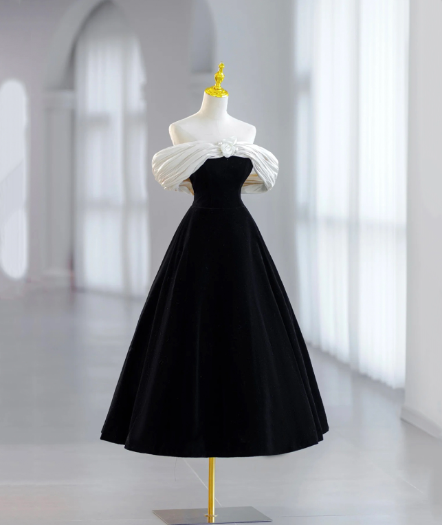 Minimalist Black Homecoming Dress , Satin Off-the-shoulder Corset Midi Evening Dress RS1449