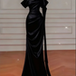 Black satin off-the-shoulder, fitted waist, pleated long ball gown R6425
