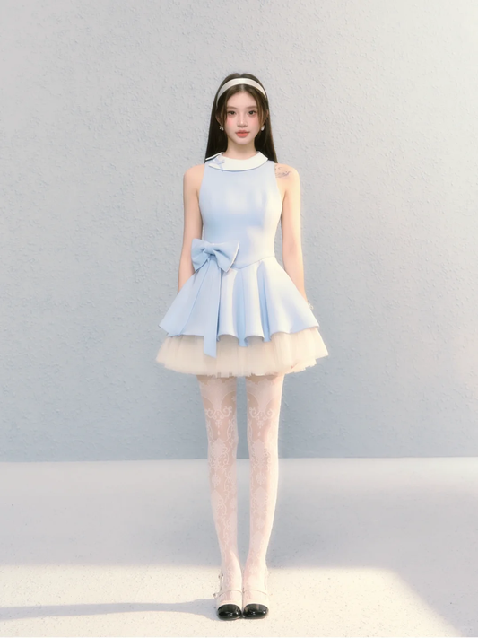 Blue sleeveless slim waist A-line short skirt homecoming dress R5415