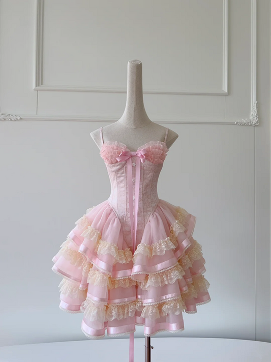 Pink suspender floral waist slim cake skirt short skirt homecoming dress R5196