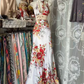 White dress with red retro print, halter neck, fitted waist, long and sexy ball gown R7506