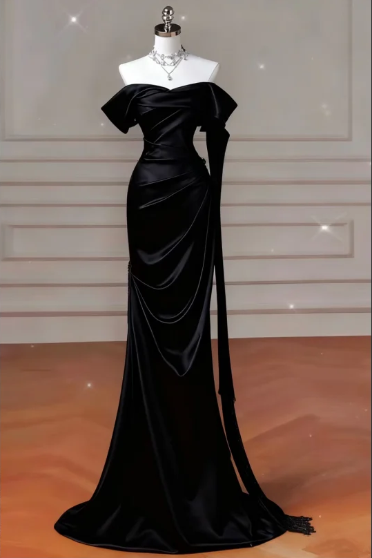 Black satin off-the-shoulder, fitted waist, pleated long ball gown R6425